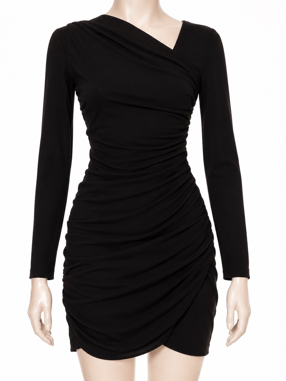ZARA Black Ruched Asymmetrical Long Sleeve Mini Dress Size S NWT